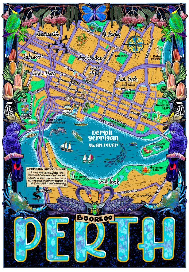 A5 Illustrated Perth Map Postcard
